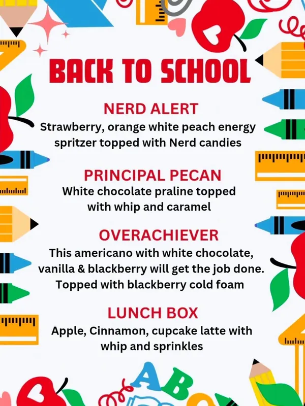 The Bean Tree's Back to School specials card: Nerd Alert, Principal Pecan, Overachiever, Lunch Box