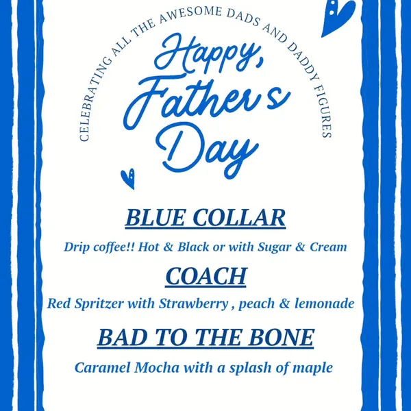 The Bean Tree's Happy Father's Day specials card: Blue Collar, Coach, Bad to the Bone