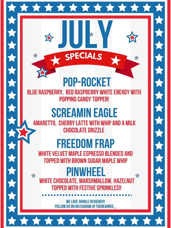 The Bean Tree's July Specials specials card: Pop-Rocket, Screamin Eagle, Freedom Frap, Pinwheel