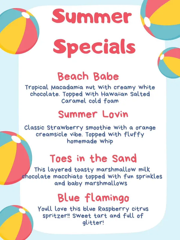 The Bean Tree's Summer Specials specials card: Beach Babe, Summer Lovin, Toes in the Sand, Blue Flamingo